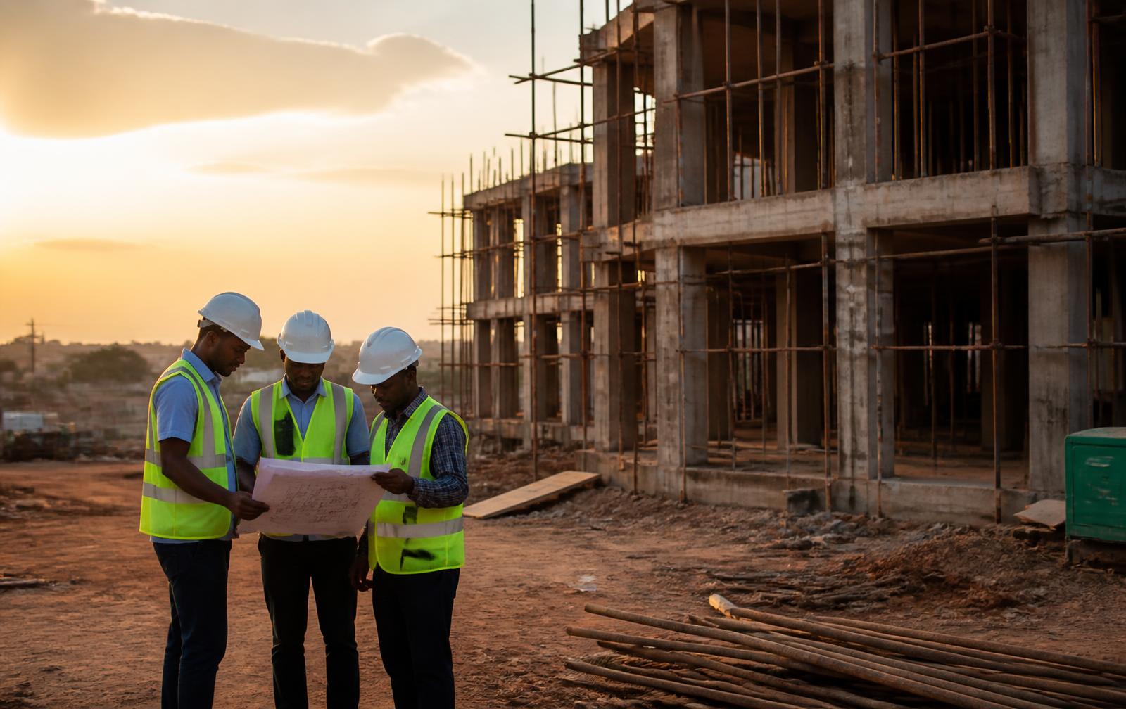 UZZI Homes engineers reviewing drawings at a residential construction site