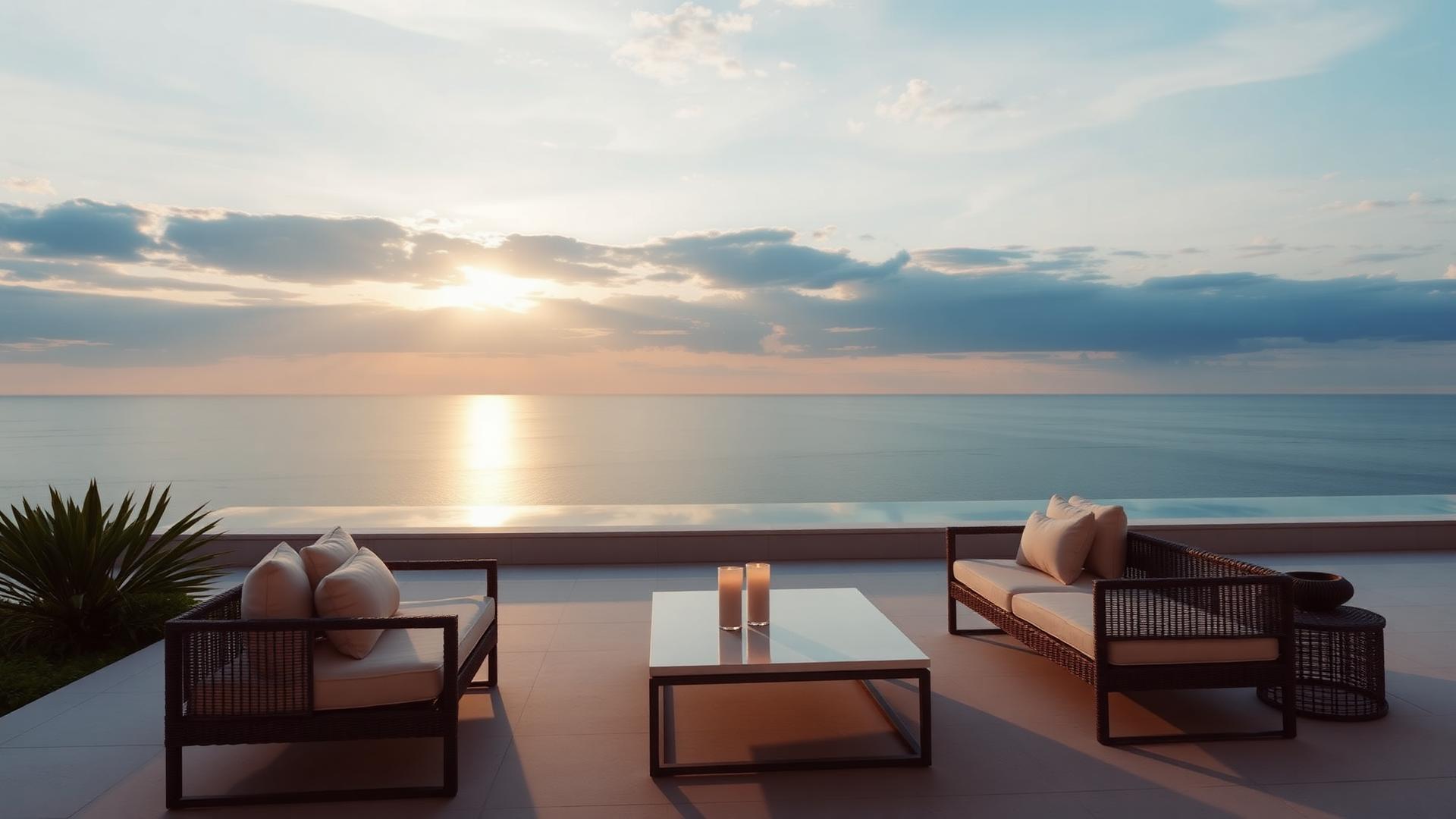 Luxury terrace overlooking the ocean at sunset