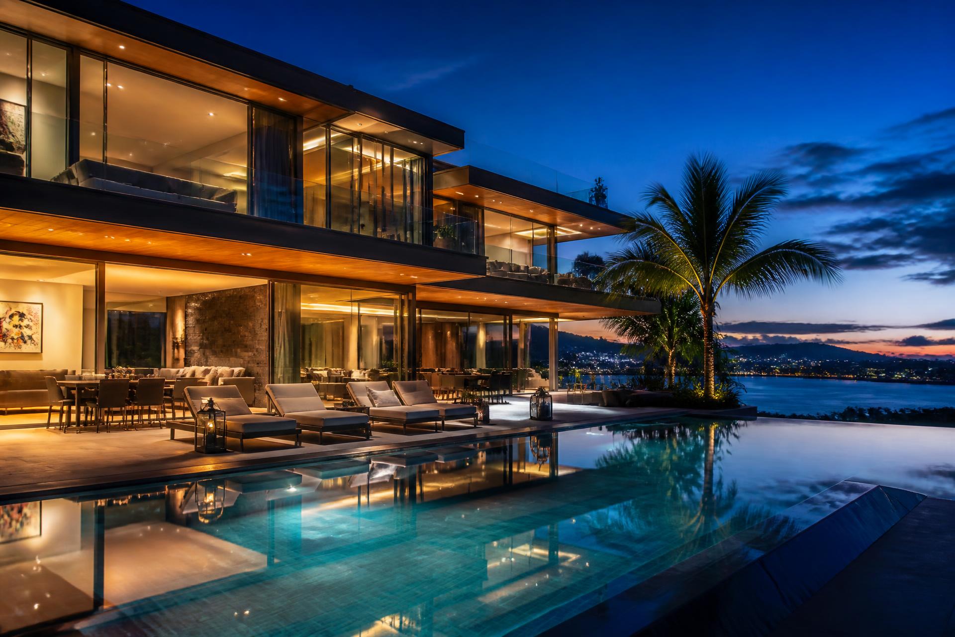 Illuminated luxury villa with infinity pool overlooking the coast at dusk